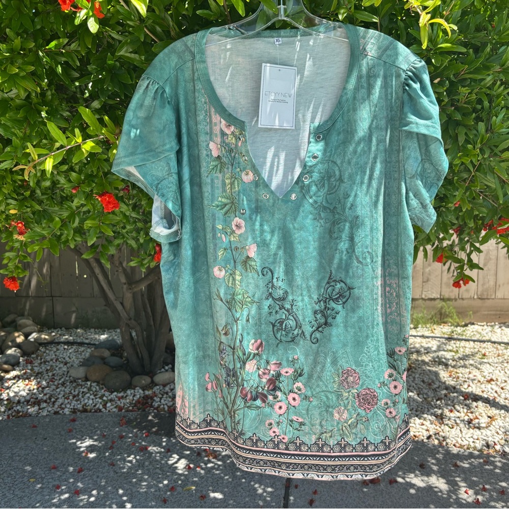 NWT ETCYYNEW Green Puff Sleeve Blouse Relaxed Embellished size XL